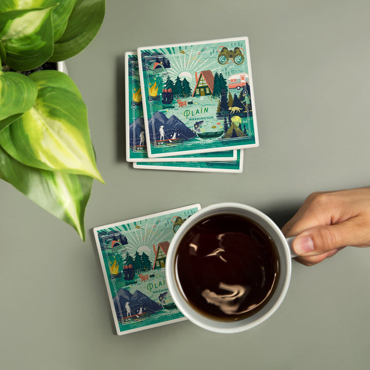 Plain, Washington, Lake Life Series, Collage, Landscape With Mountain, Coasters Coasters Lantern Press 