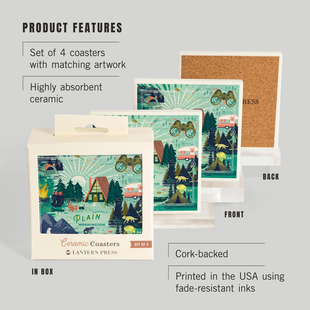 Plain, Washington, Lake Life Series, Collage, Landscape With Mountain, Coasters Coasters Lantern Press 