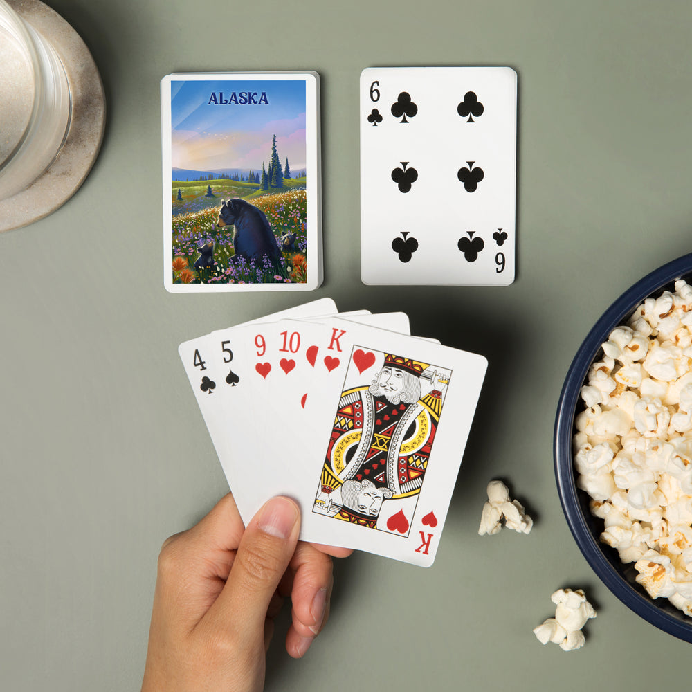 Playing Cards, Alaska, Lithograph, Bear Family in Field, 52 Card Deck with Jokers in Box, Unique Art Cards Lantern Press 