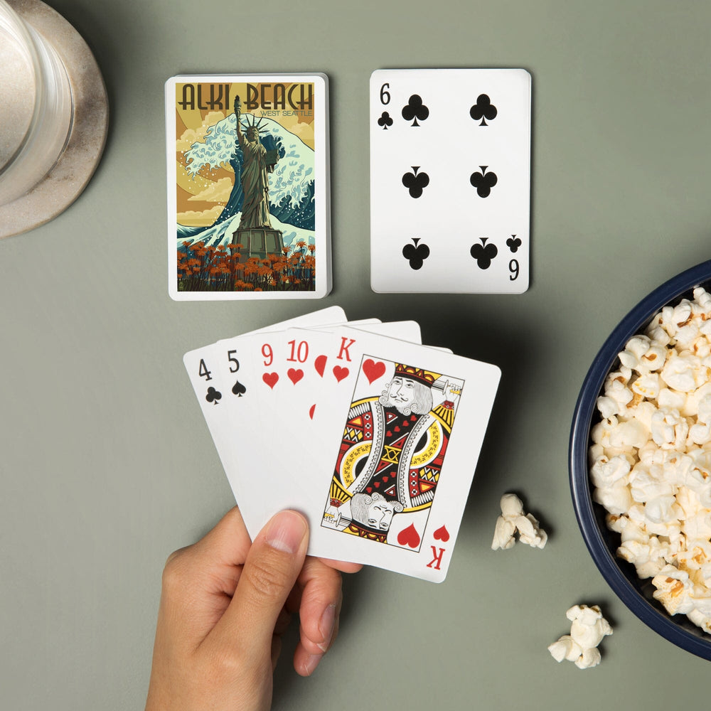Playing Cards, Alki Beach, West Seattle, Washington, Lady Liberty Statue, 52 Card Deck with Jokers in Box, Unique Art Cards Lantern Press 