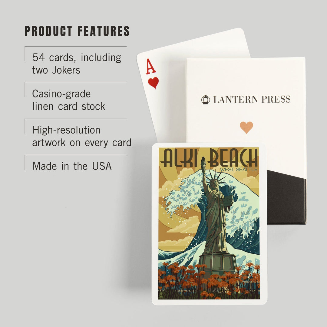 Playing Cards, Alki Beach, West Seattle, Washington, Lady Liberty Statue, 52 Card Deck with Jokers in Box, Unique Art Cards Lantern Press 