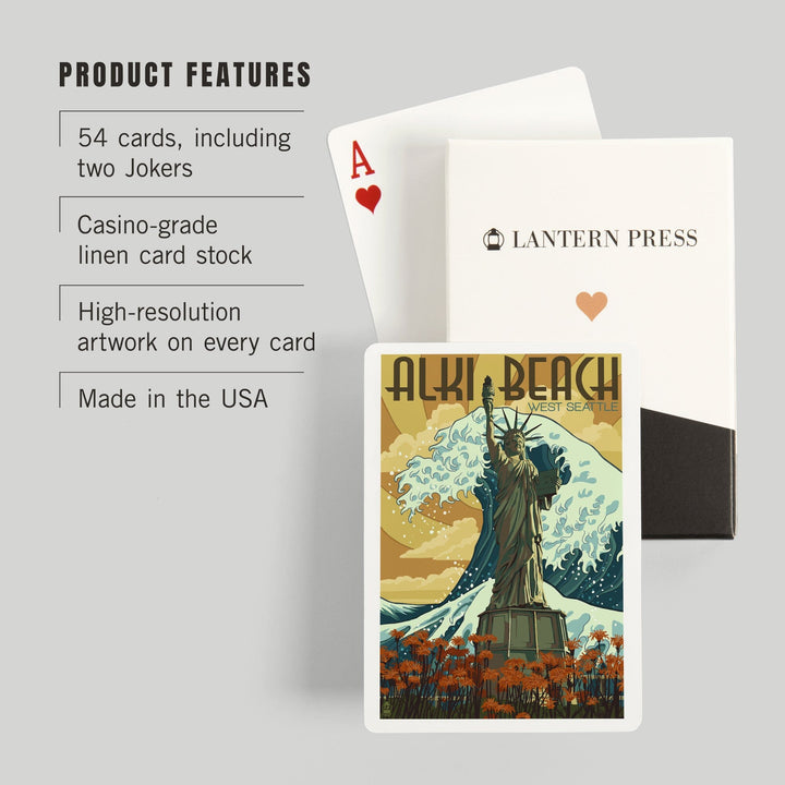 Playing Cards, Alki Beach, West Seattle, Washington, Lady Liberty Statue, 52 Card Deck with Jokers in Box, Unique Art Cards Lantern Press 