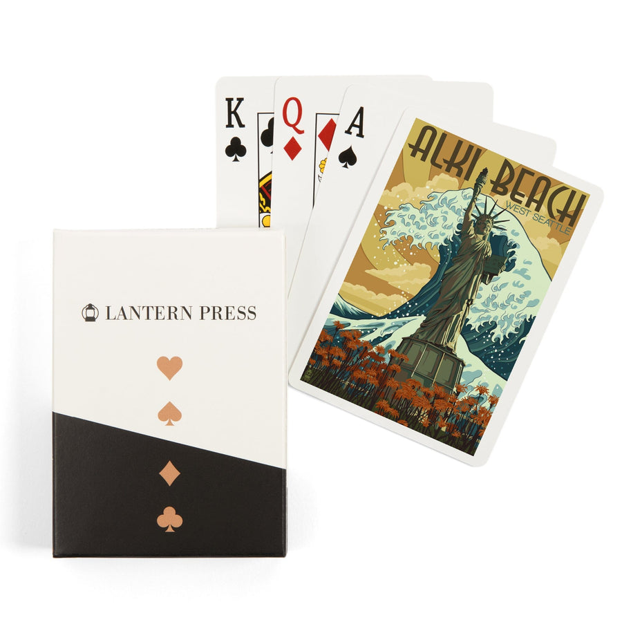 Playing Cards, Alki Beach, West Seattle, Washington, Lady Liberty Statue, 52 Card Deck with Jokers in Box, Unique Art Cards Lantern Press 