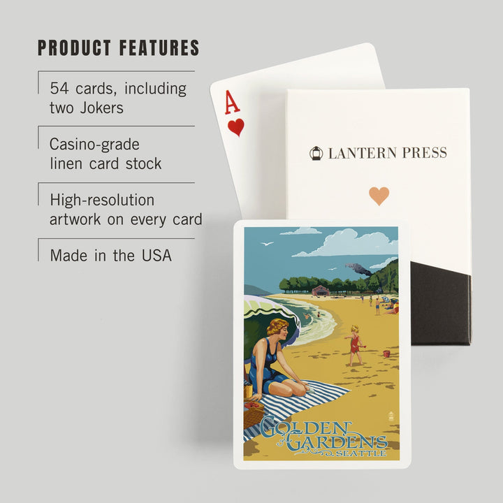 Playing Cards, Ballard, Seattle, Washington, Golden Gardens Beach Scene, 52 Card Deck with Jokers in Box, Unique Art Cards Lantern Press 