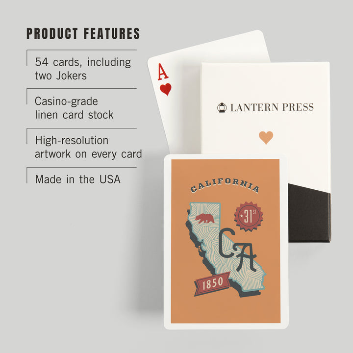 Playing Cards, California, Statehood, State Series, 52 Card Deck with Jokers in Box, Unique Art Cards Lantern Press 