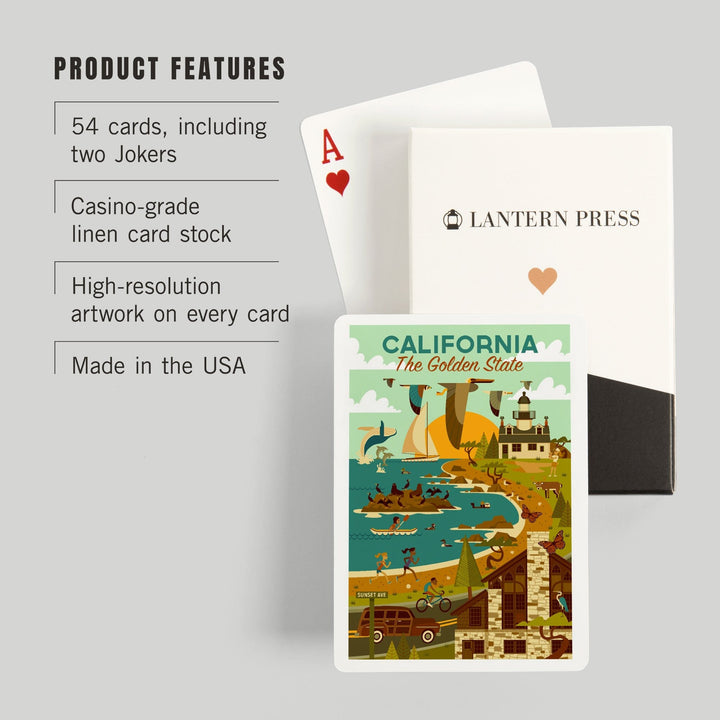 Playing Cards, California, The Golden State, Geometric, Blue Sky, 52 Card Deck with Jokers in Box, Unique Art Cards Lantern Press 