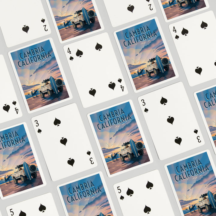 Playing Cards, Cambria, California, Lithograph, Surfers on Beach, 52 Card Deck with Jokers in Box, Unique Art Cards Lantern Press 