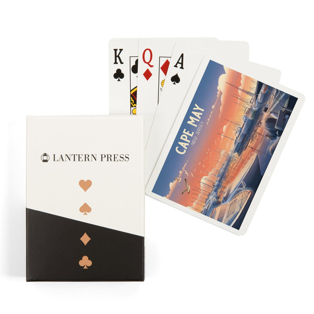 Playing Cards, Cape May, New Jersey, Lithograph, Home Sweet Harbor, Boats in Marina, 52 Card Deck with Jokers in Box, Unique Art Cards Lantern Press 