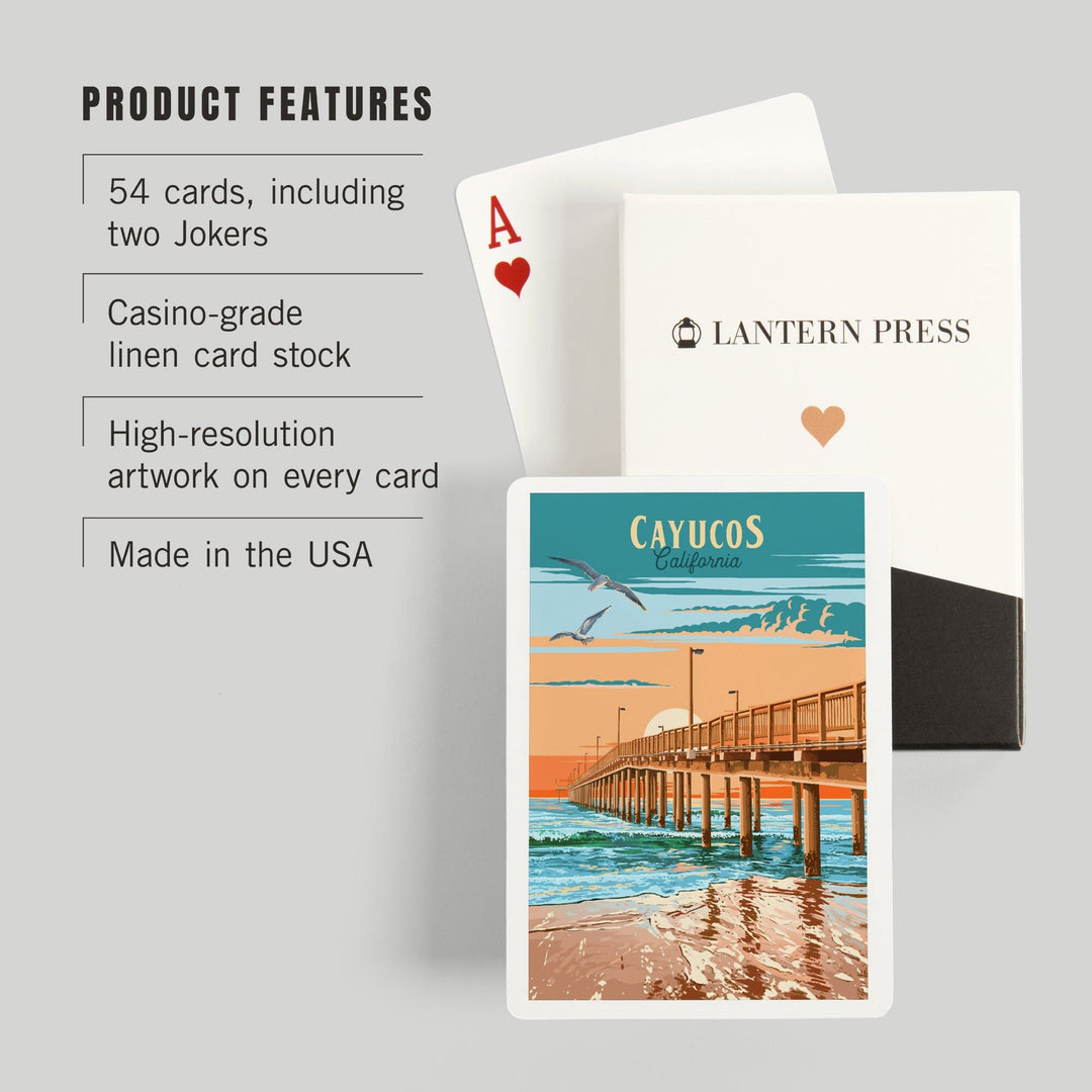 Playing Cards, Cayucos, California, Painterly, Beach Pier, 52 Card Deck with Jokers in Box, Unique Art Cards Lantern Press 