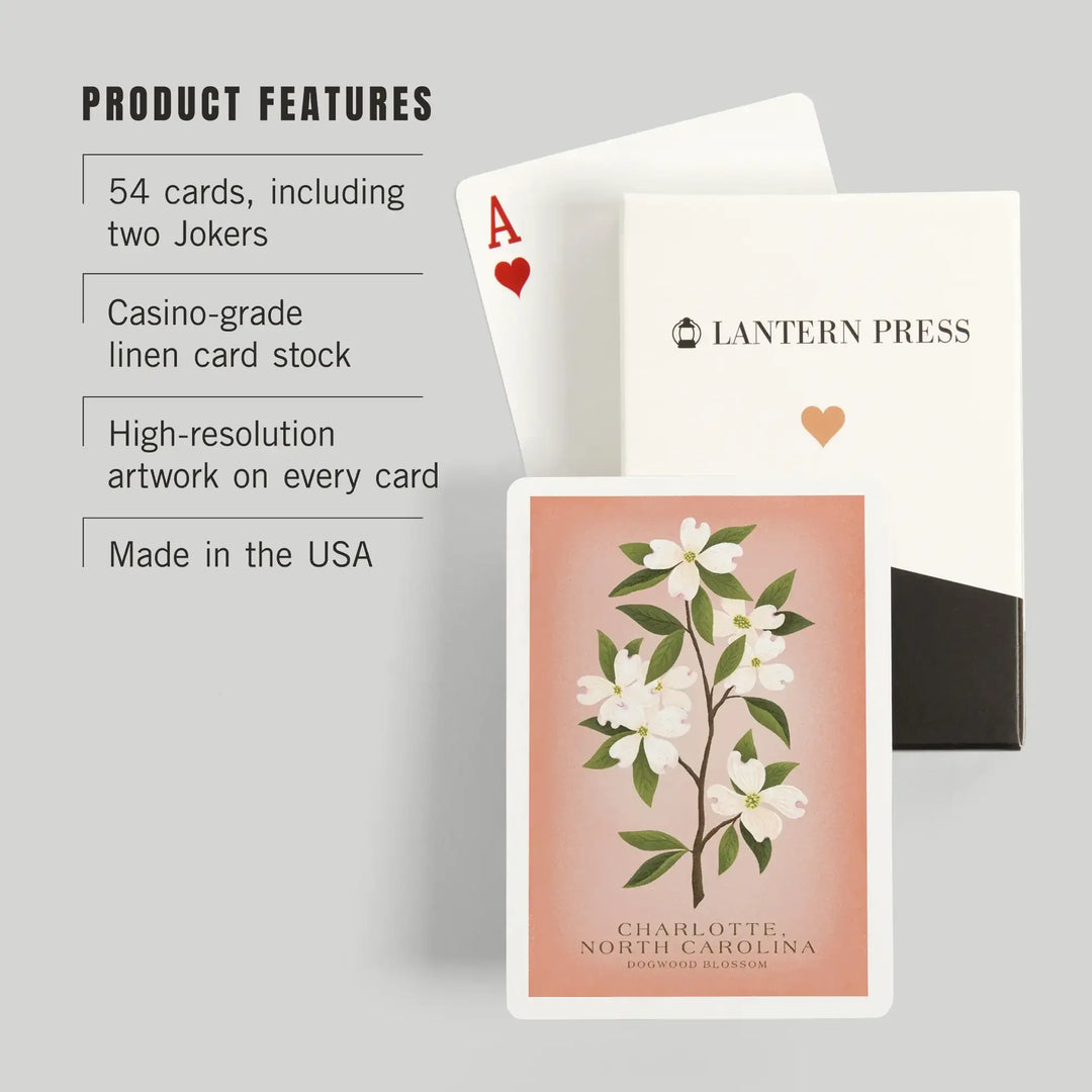 Playing Cards, Charlotte, North Carolina, Vintage Flora, State Series, Dogwood, 52 Card Deck with Jokers in Box, Unique Art Cards Lantern Press 