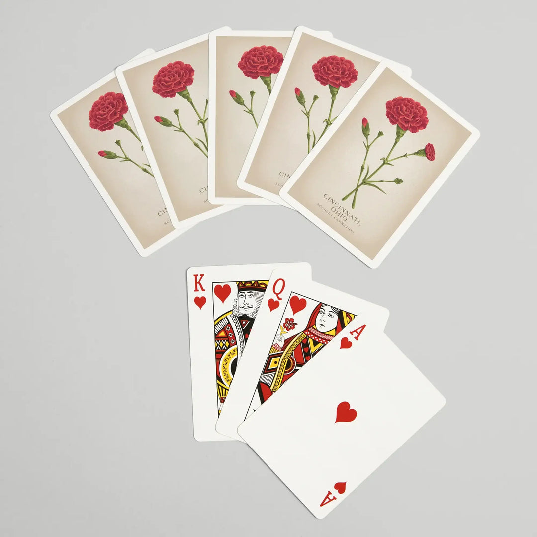 Playing Cards, Cincinnati, Ohio, Vintage Flora, State Series, Scarlet Carnation, 52 Card Deck with Jokers in Box, Unique Art Cards Lantern Press 
