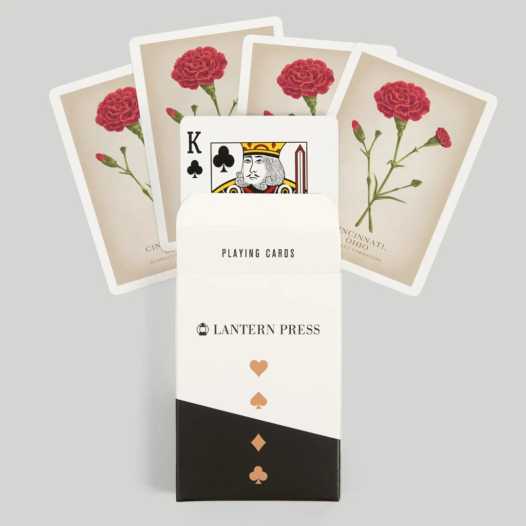 Playing Cards, Cincinnati, Ohio, Vintage Flora, State Series, Scarlet Carnation, 52 Card Deck with Jokers in Box, Unique Art Cards Lantern Press 