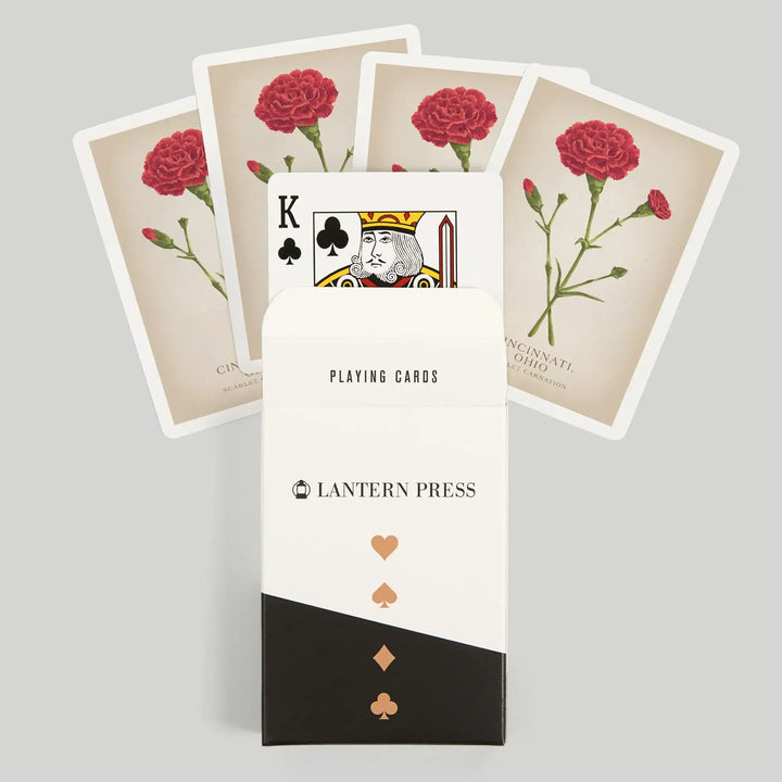 Playing Cards, Cincinnati, Ohio, Vintage Flora, State Series, Scarlet Carnation, 52 Card Deck with Jokers in Box, Unique Art Cards Lantern Press 