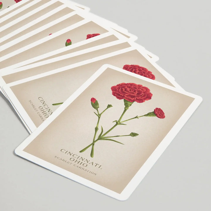 Playing Cards, Cincinnati, Ohio, Vintage Flora, State Series, Scarlet Carnation, 52 Card Deck with Jokers in Box, Unique Art Cards Lantern Press 