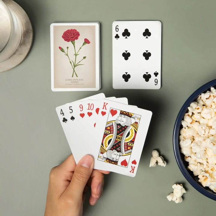 Playing Cards, Cincinnati, Ohio, Vintage Flora, State Series, Scarlet Carnation, 52 Card Deck with Jokers in Box, Unique Art Cards Lantern Press 