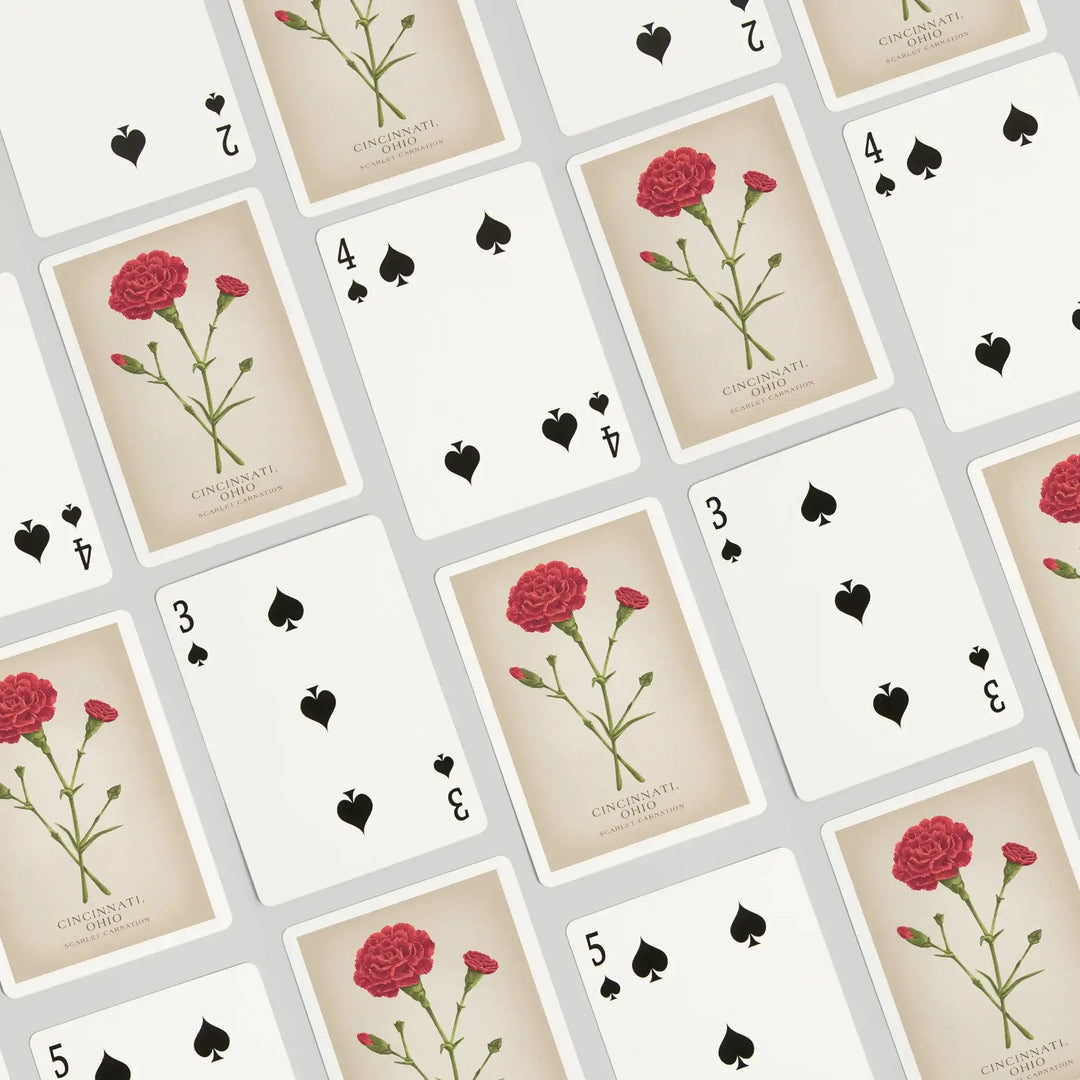 Playing Cards, Cincinnati, Ohio, Vintage Flora, State Series, Scarlet Carnation, 52 Card Deck with Jokers in Box, Unique Art Cards Lantern Press 