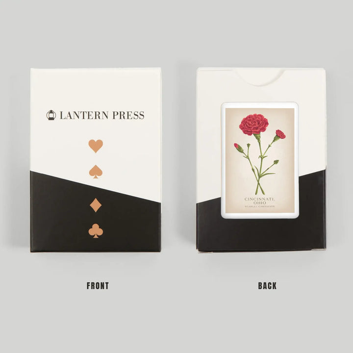 Playing Cards, Cincinnati, Ohio, Vintage Flora, State Series, Scarlet Carnation, 52 Card Deck with Jokers in Box, Unique Art Cards Lantern Press 