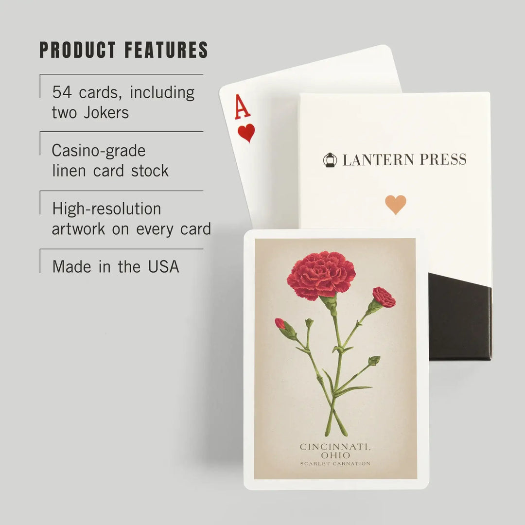 Playing Cards, Cincinnati, Ohio, Vintage Flora, State Series, Scarlet Carnation, 52 Card Deck with Jokers in Box, Unique Art Cards Lantern Press 