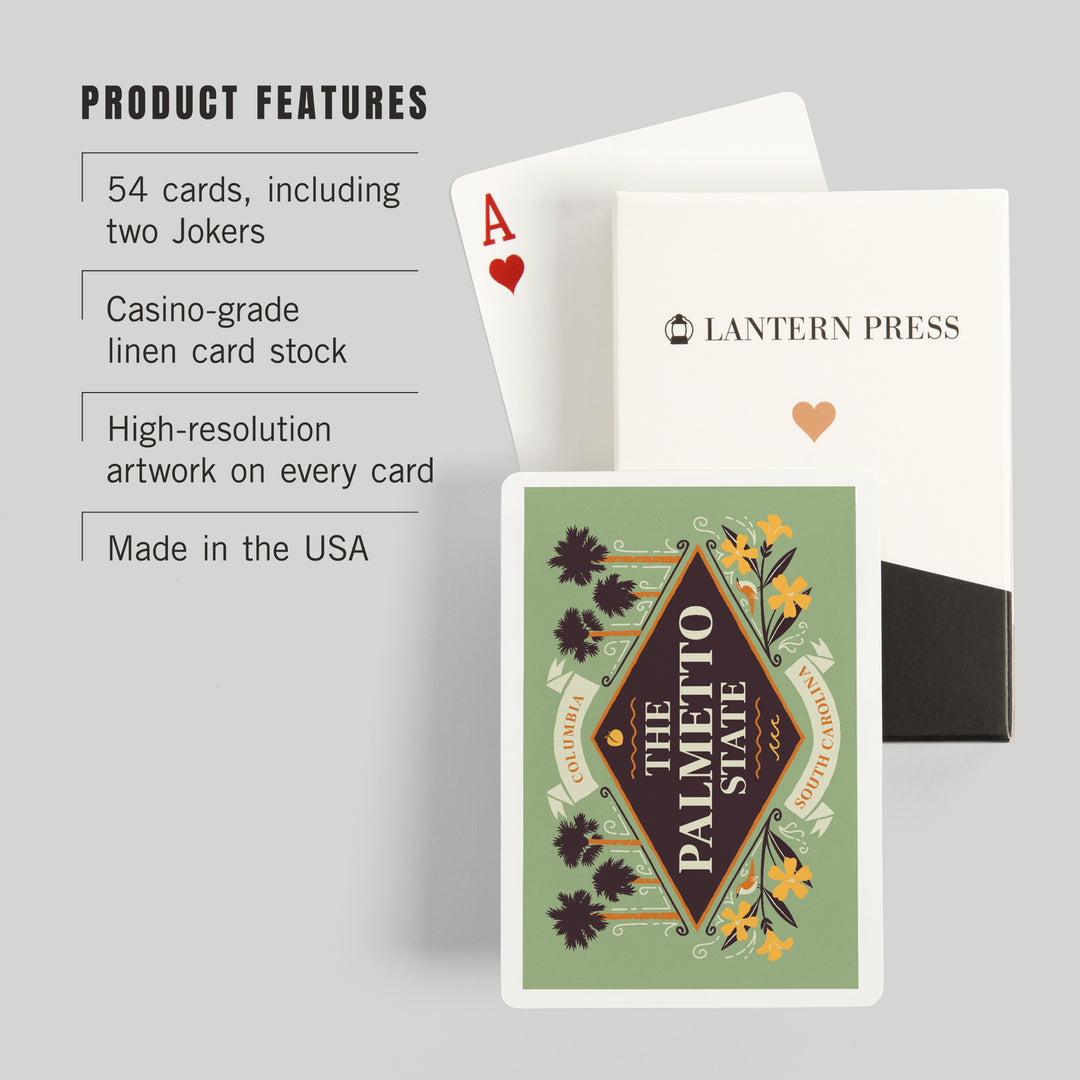 Playing Cards, Columbia, South Carolina, State Motto Crest, State Series, 52 Card Deck with Jokers in Box, Unique Art Cards Lantern Press 