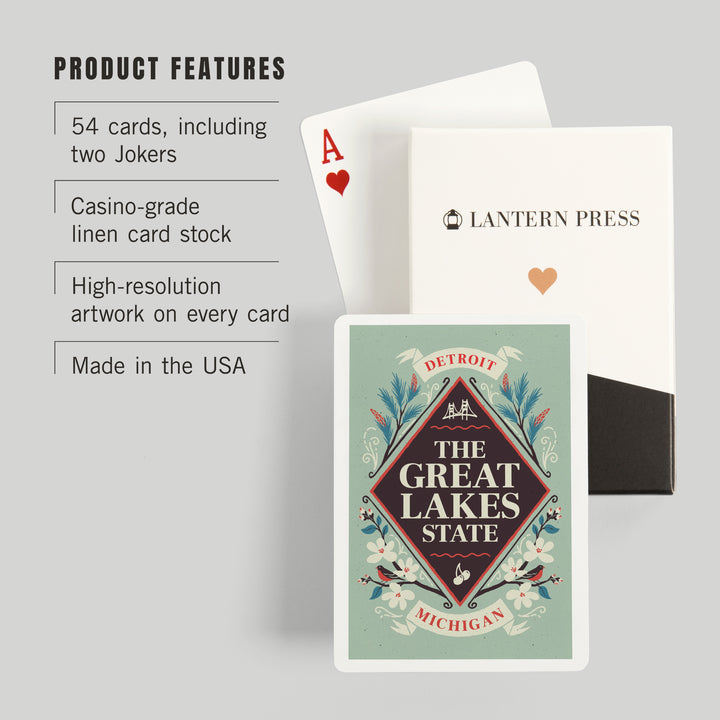 Playing Cards, Detroit, Michigan, State Motto Crest, State Series, 52 Card Deck with Jokers in Box, Unique Art Cards Lantern Press 