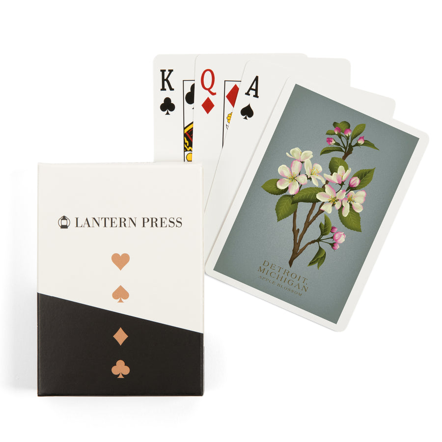 Playing Cards, Detroit, Michigan, Vintage Flora, State Series, Apple Blossom, 52 Card Deck with Jokers in Box, Unique Art Cards Lantern Press 
