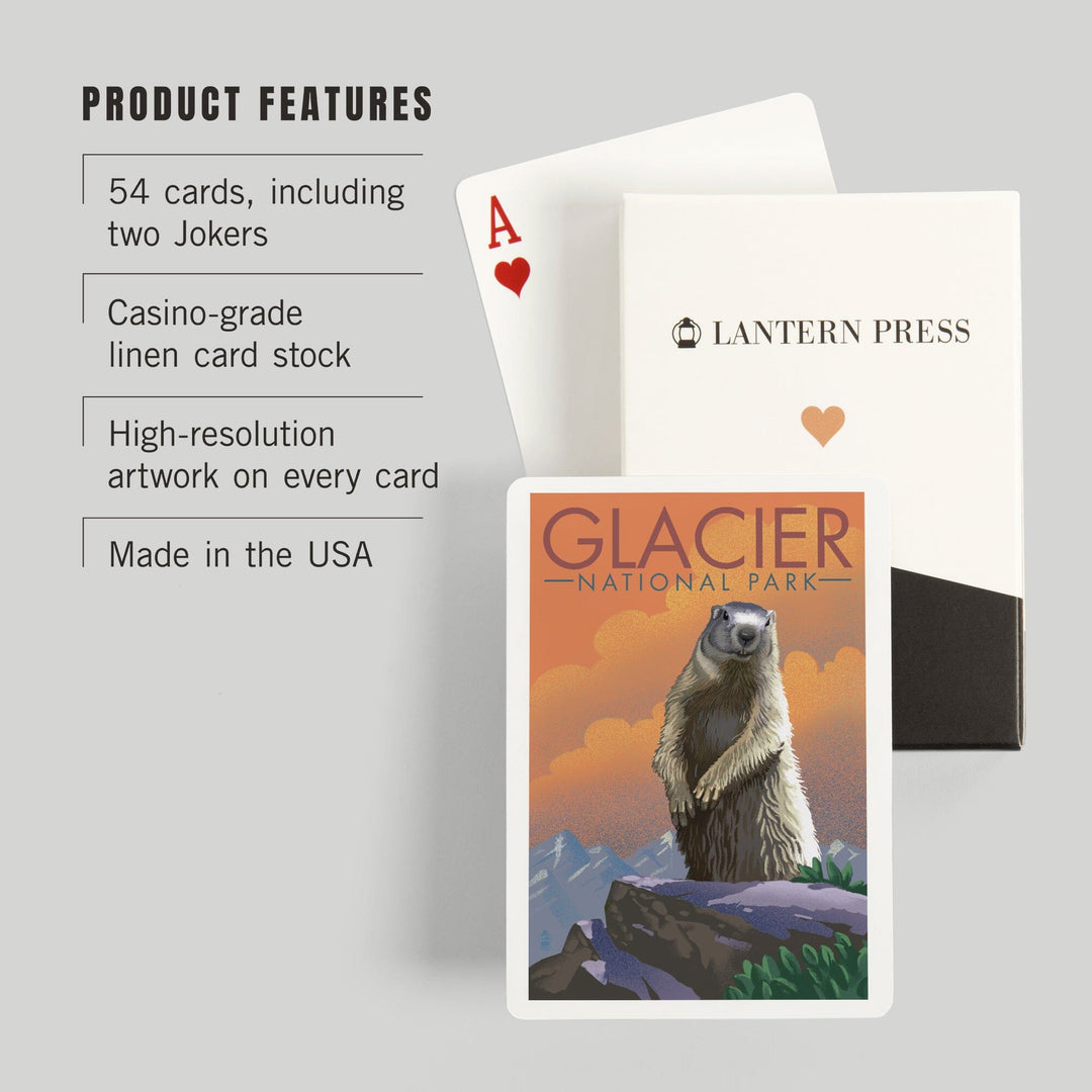 Playing Cards, Glacier National Park, Montana, Marmot, Lithograph, 52 Card Deck with Jokers in Box, Unique Art Cards Lantern Press 
