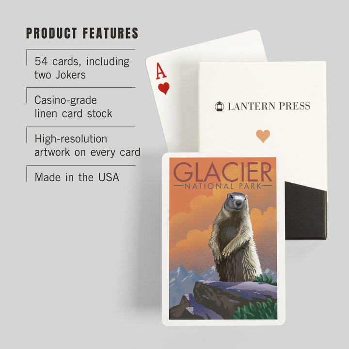 Playing Cards, Glacier National Park, Montana, Marmot, Lithograph, 52 Card Deck with Jokers in Box, Unique Art Cards Lantern Press 