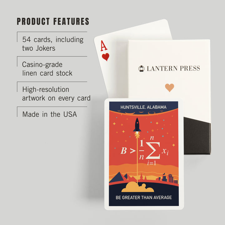Playing Cards, Huntsville, Alabama, Rocket, Be Greater Than Average, 52 Card Deck with Jokers in Box, Unique Art Cards Lantern Press 