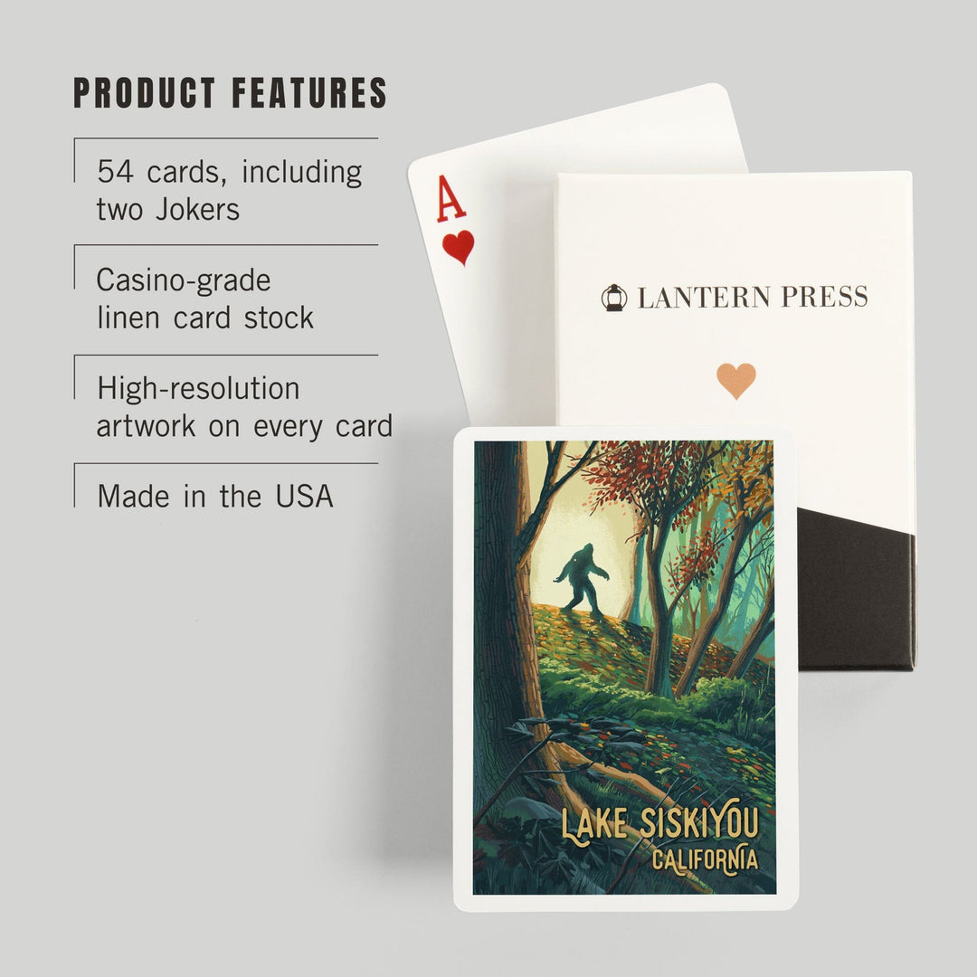 Playing Cards, Lake Siskiyou, California, Wanderer, Bigfoot in Forest, 52 Card Deck with Jokers in Box, Unique Art Cards Lantern Press 