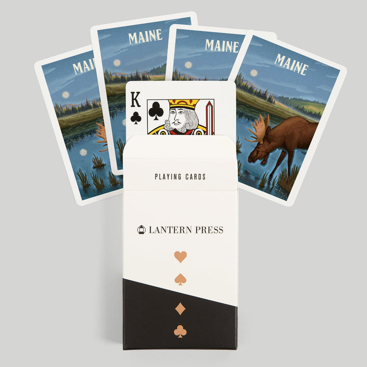 Playing Cards, Maine, Lithograph, Reflection Pond and Bull Moose, 52 Card Deck with Jokers in Box, Unique Art Cards Lantern Press 