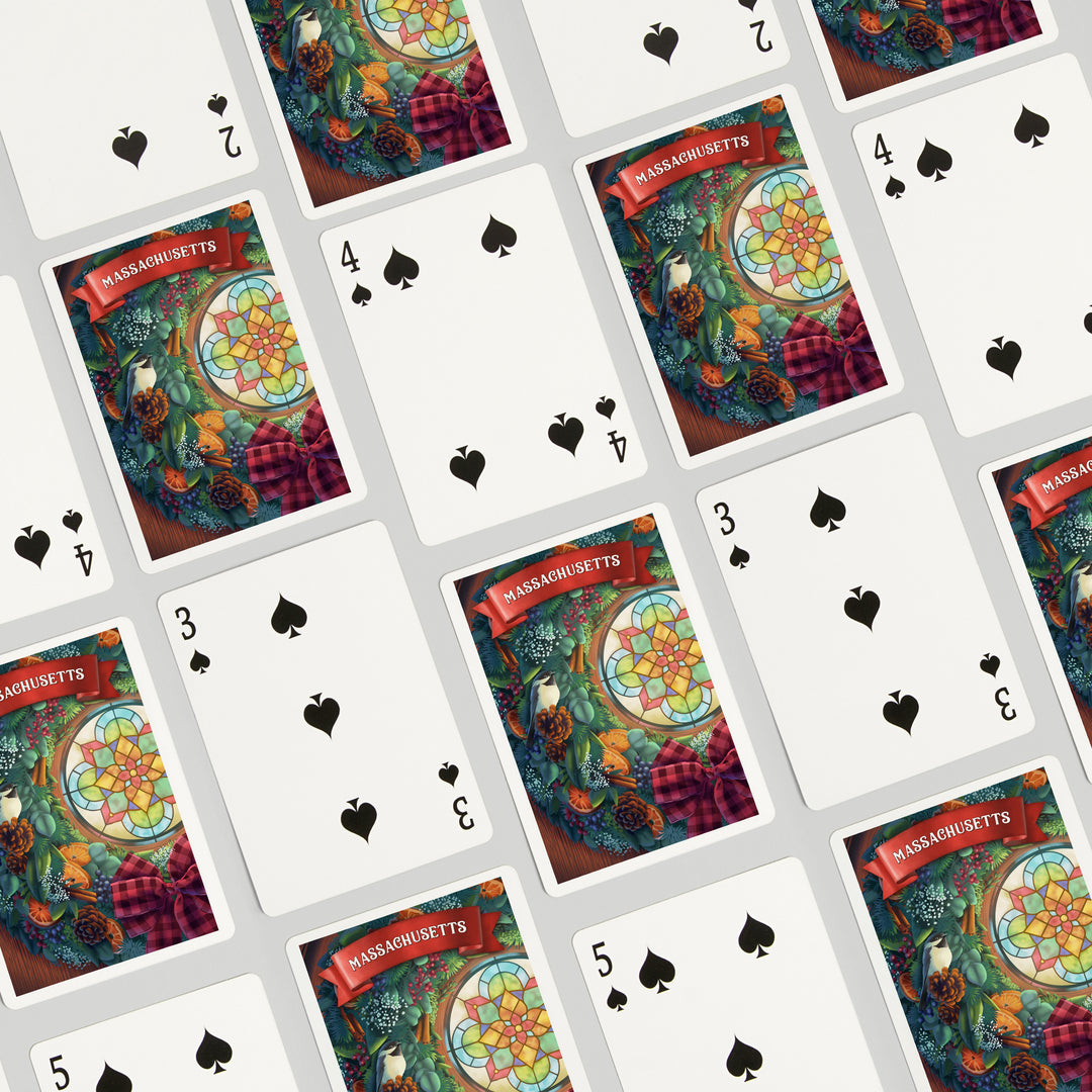 Playing Cards, Massachusetts, Front Door with Wreath, 52 Card Deck with Jokers in Box, Unique Art Cards Lantern Press 