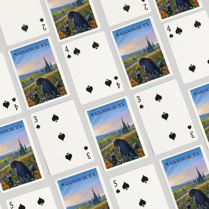Playing Cards, Massachusetts, Lithograph, Bear Family in Field, 52 Card Deck with Jokers in Box, Unique Art Cards Lantern Press 