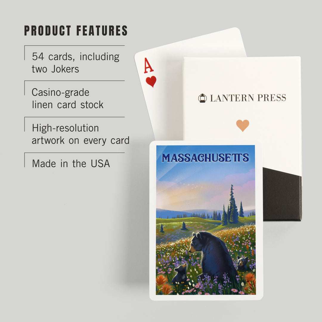Playing Cards, Massachusetts, Lithograph, Bear Family in Field, 52 Card Deck with Jokers in Box, Unique Art Cards Lantern Press 