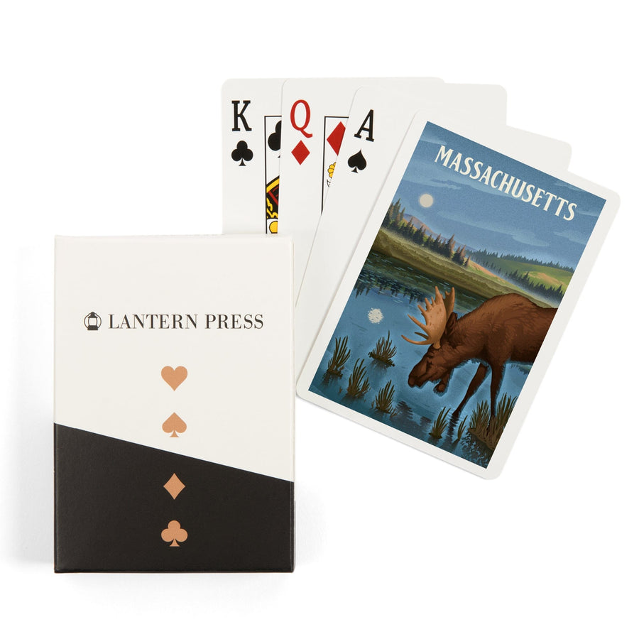 Playing Cards, Massachusetts, Lithograph, Reflection Pond and Bull Moose, 52 Card Deck with Jokers in Box, Unique Art Cards Lantern Press 