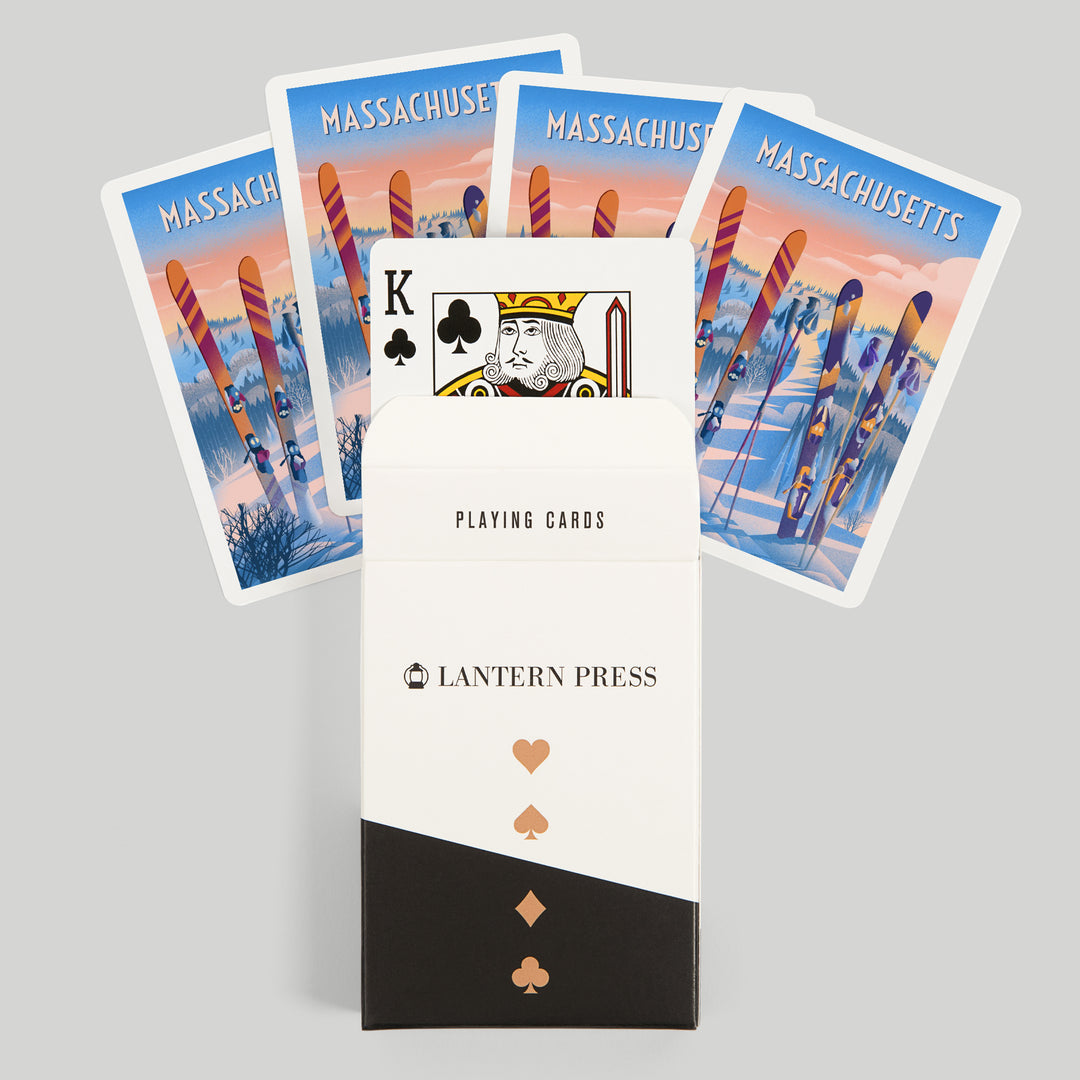 Playing Cards, Massachusetts, Prepare for Takeoff, Skis in Snowbank, 52 Card Deck with Jokers in Box, Unique Art Cards Lantern Press 