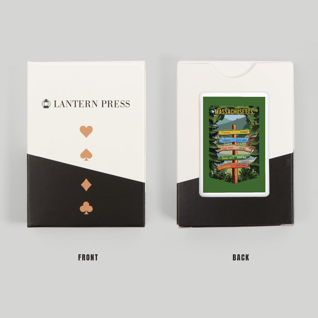 Playing Cards, Massachusetts, Signpost, Forest and Camp, 52 Card Deck with Jokers in Box, Unique Art Cards Lantern Press 
