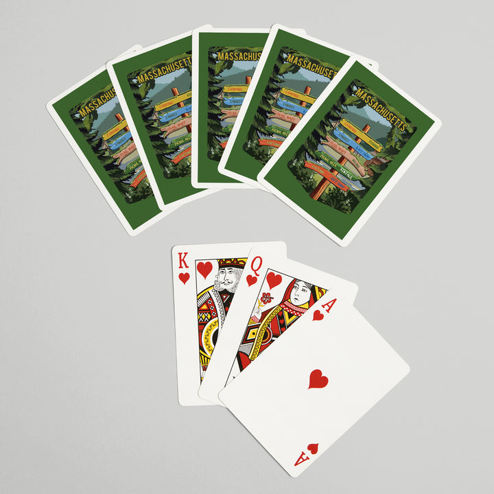 Playing Cards, Massachusetts, Signpost, Forest and Camp, 52 Card Deck with Jokers in Box, Unique Art Cards Lantern Press 