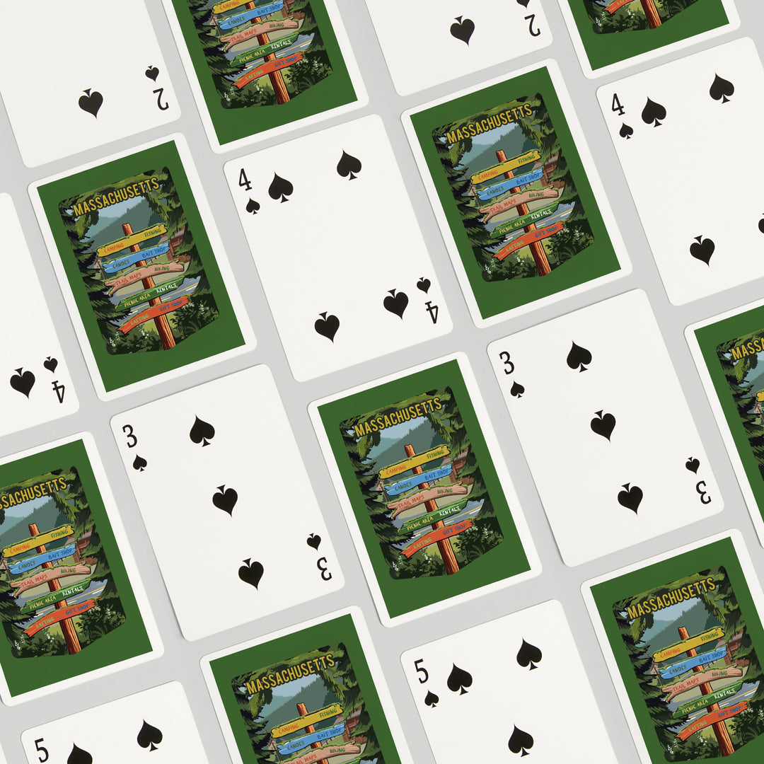 Playing Cards, Massachusetts, Signpost, Forest and Camp, 52 Card Deck with Jokers in Box, Unique Art Cards Lantern Press 