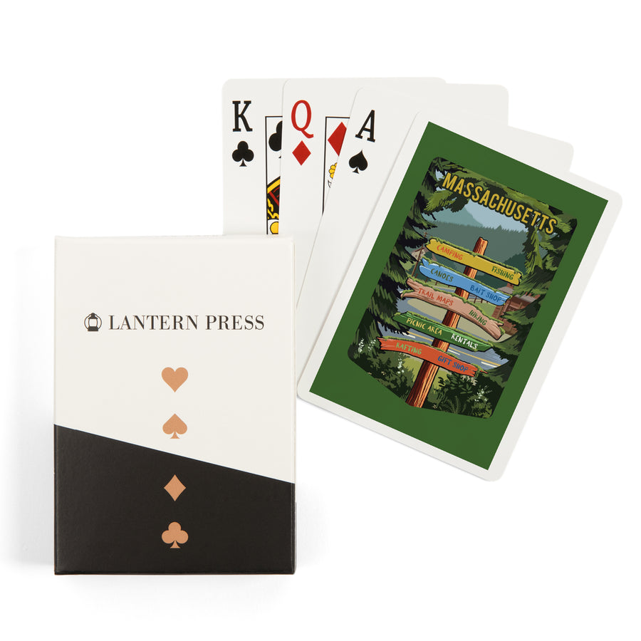 Playing Cards, Massachusetts, Signpost, Forest and Camp, 52 Card Deck with Jokers in Box, Unique Art Cards Lantern Press 