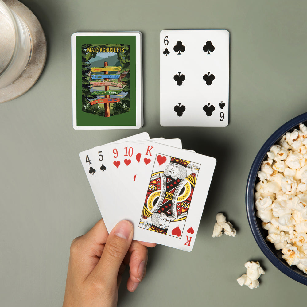 Playing Cards, Massachusetts, Signpost, Forest and Camp, 52 Card Deck with Jokers in Box, Unique Art Cards Lantern Press 