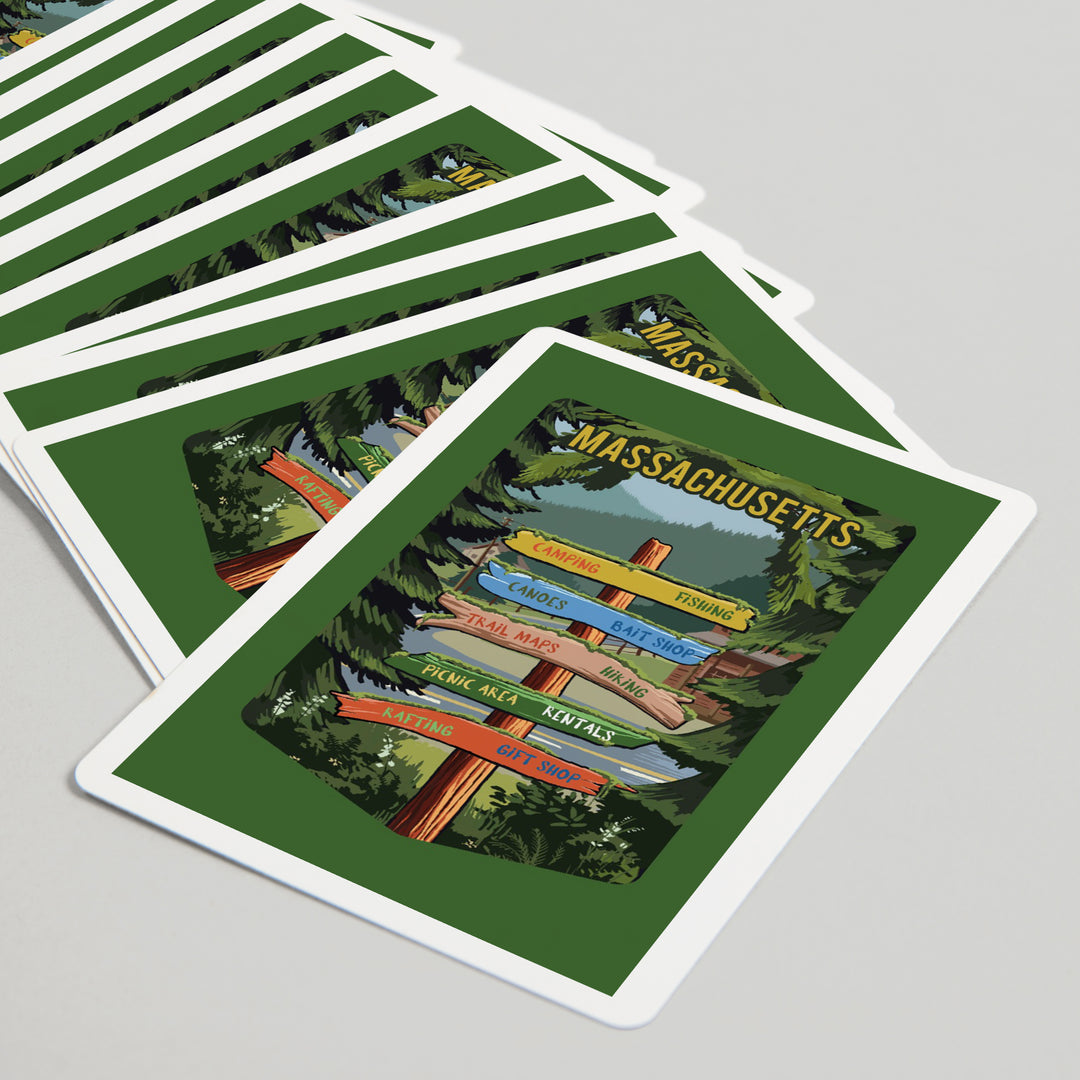 Playing Cards, Massachusetts, Signpost, Forest and Camp, 52 Card Deck with Jokers in Box, Unique Art Cards Lantern Press 