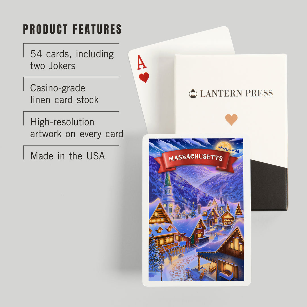 Playing Cards, Massachusetts, Sleepy Winter Village, 52 Card Deck with Jokers in Box, Unique Art Cards Lantern Press 