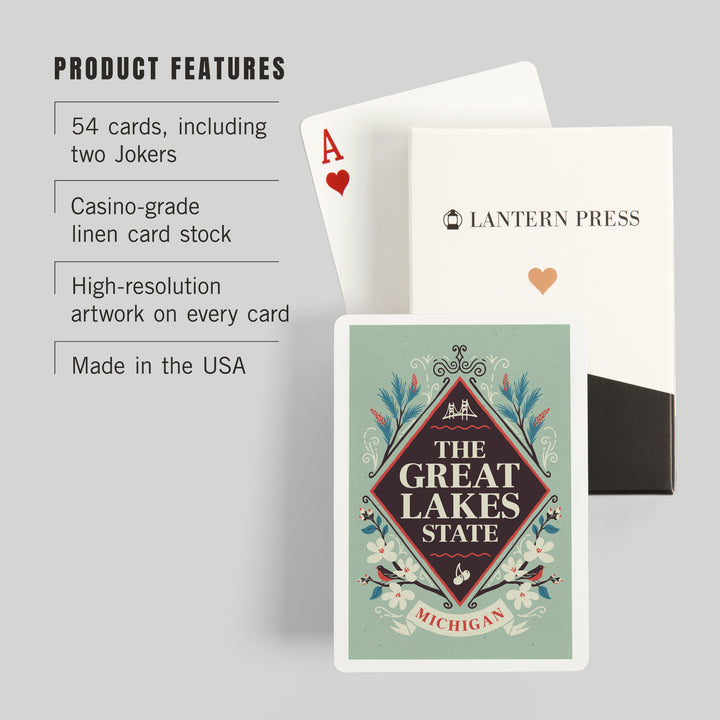 Playing Cards, Michigan, State Motto Crest, State Series, 52 Card Deck with Jokers in Box, Unique Art Cards Lantern Press 