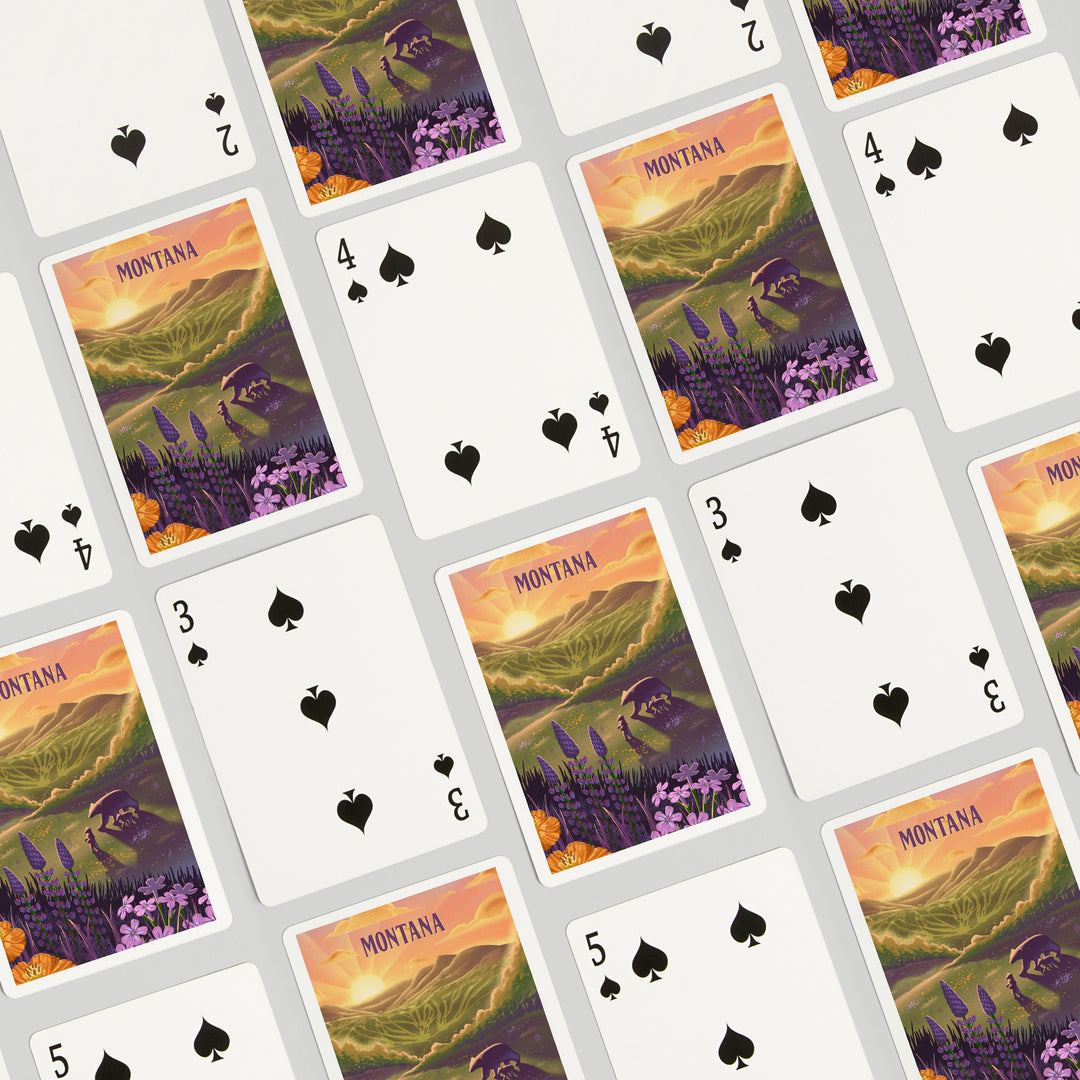 Playing Cards, Montana, Lithograph, Bear and Spring Flowers, 52 Card Deck with Jokers in Box, Unique Art Cards Lantern Press 