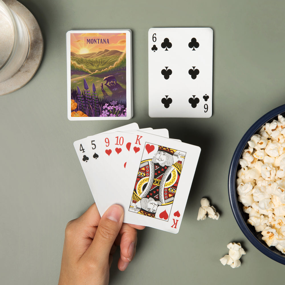 Playing Cards, Montana, Lithograph, Bear and Spring Flowers, 52 Card Deck with Jokers in Box, Unique Art Cards Lantern Press 