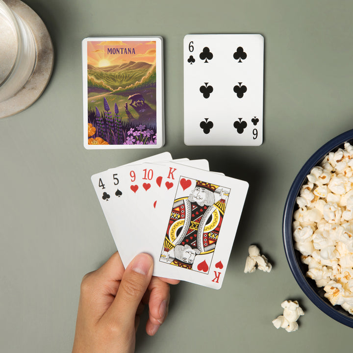 Playing Cards, Montana, Lithograph, Bear and Spring Flowers, 52 Card Deck with Jokers in Box, Unique Art Cards Lantern Press 