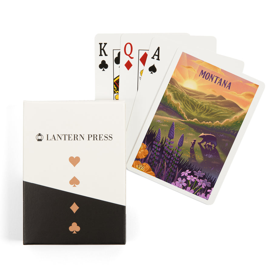 Playing Cards, Montana, Lithograph, Bear and Spring Flowers, 52 Card Deck with Jokers in Box, Unique Art Cards Lantern Press 