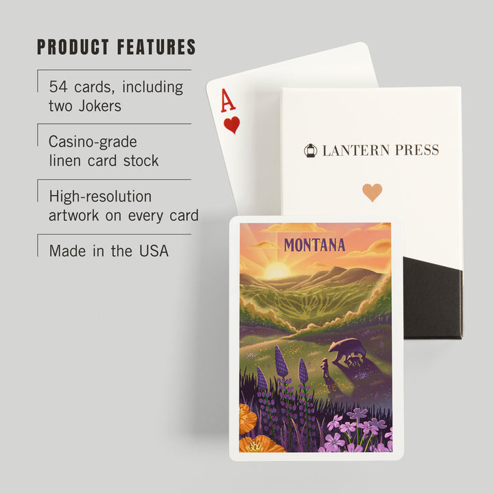 Playing Cards, Montana, Lithograph, Bear and Spring Flowers, 52 Card Deck with Jokers in Box, Unique Art Cards Lantern Press 