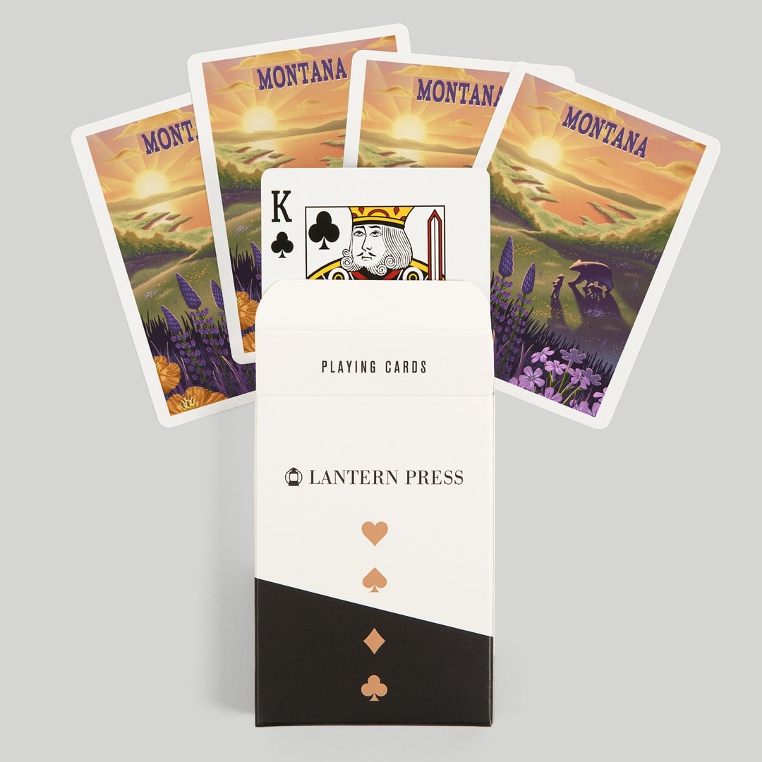 Playing Cards, Montana, Lithograph, Bear and Spring Flowers, Lake, 52 Card Deck with Jokers in Box, Unique Art Cards Lantern Press 