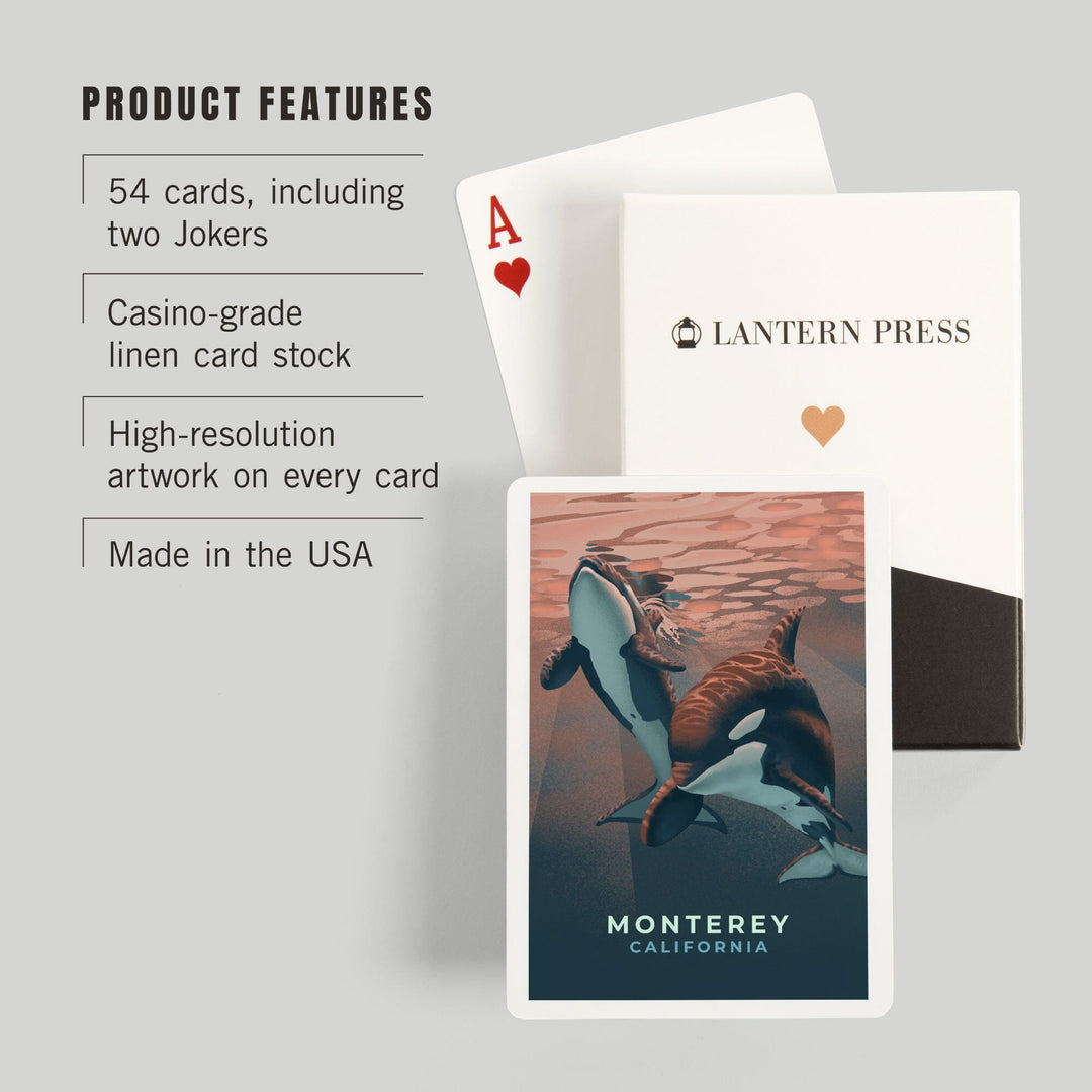 Playing Cards, Monterey, California, Orca, Lithograph, 52 Card Deck with Jokers in Box, Unique Art Cards Lantern Press 
